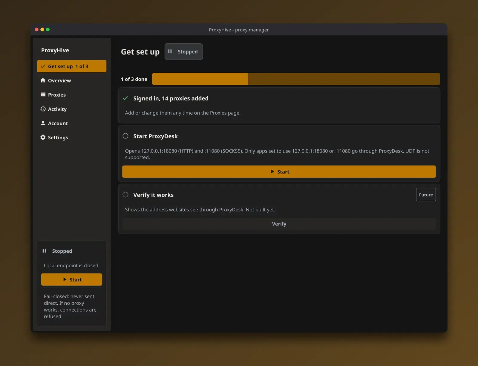 ProxyDesk get started screen in the dark theme, with copy-paste snippets for curl, Python, Playwright and browsers