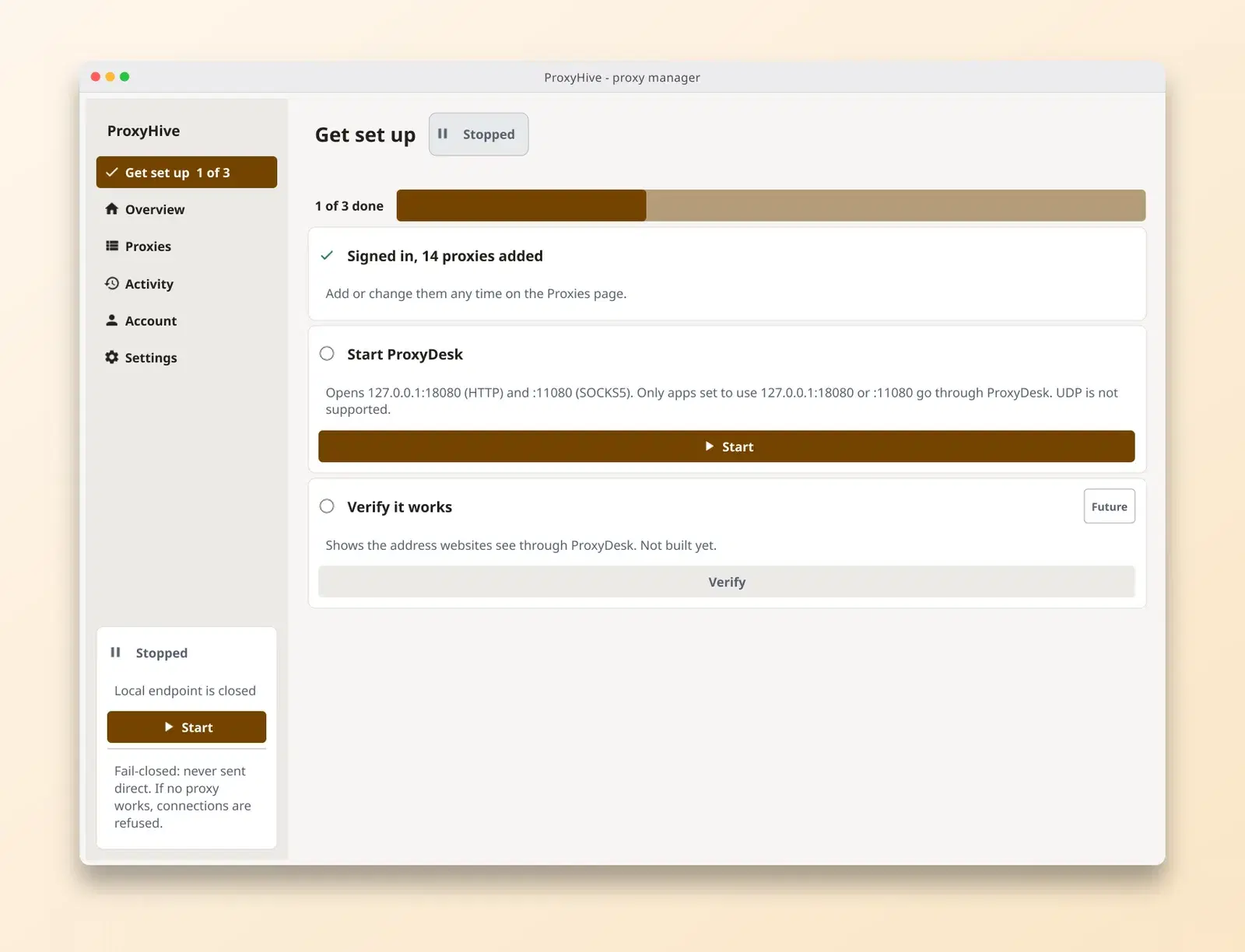 ProxyDesk get started screen in the light theme, with copy-paste snippets for curl, Python, Playwright and browsers