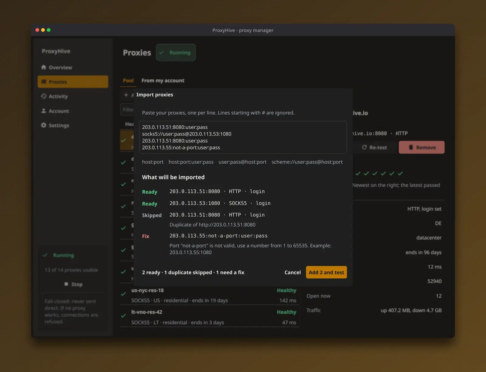 ProxyDesk import screen in the dark theme, with a preview of each pasted line