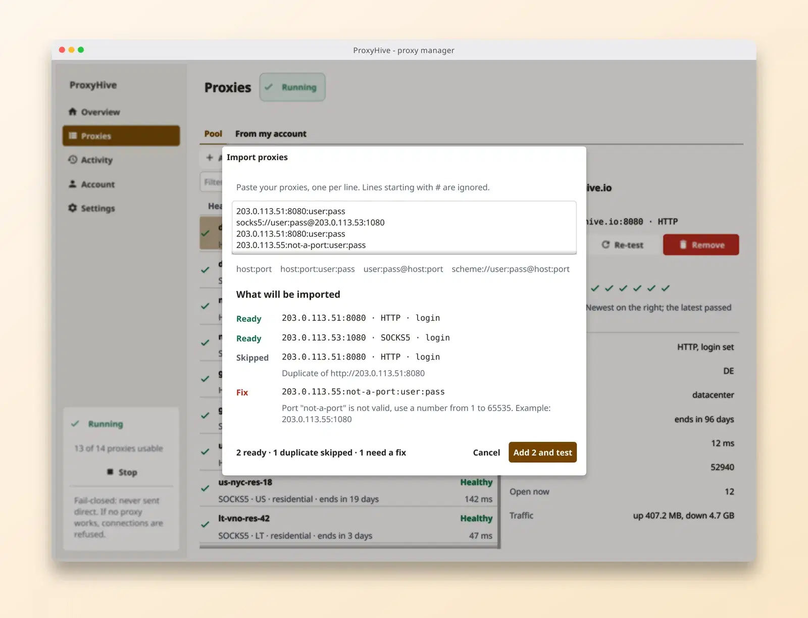 ProxyDesk import screen in the light theme, with a preview of each pasted line