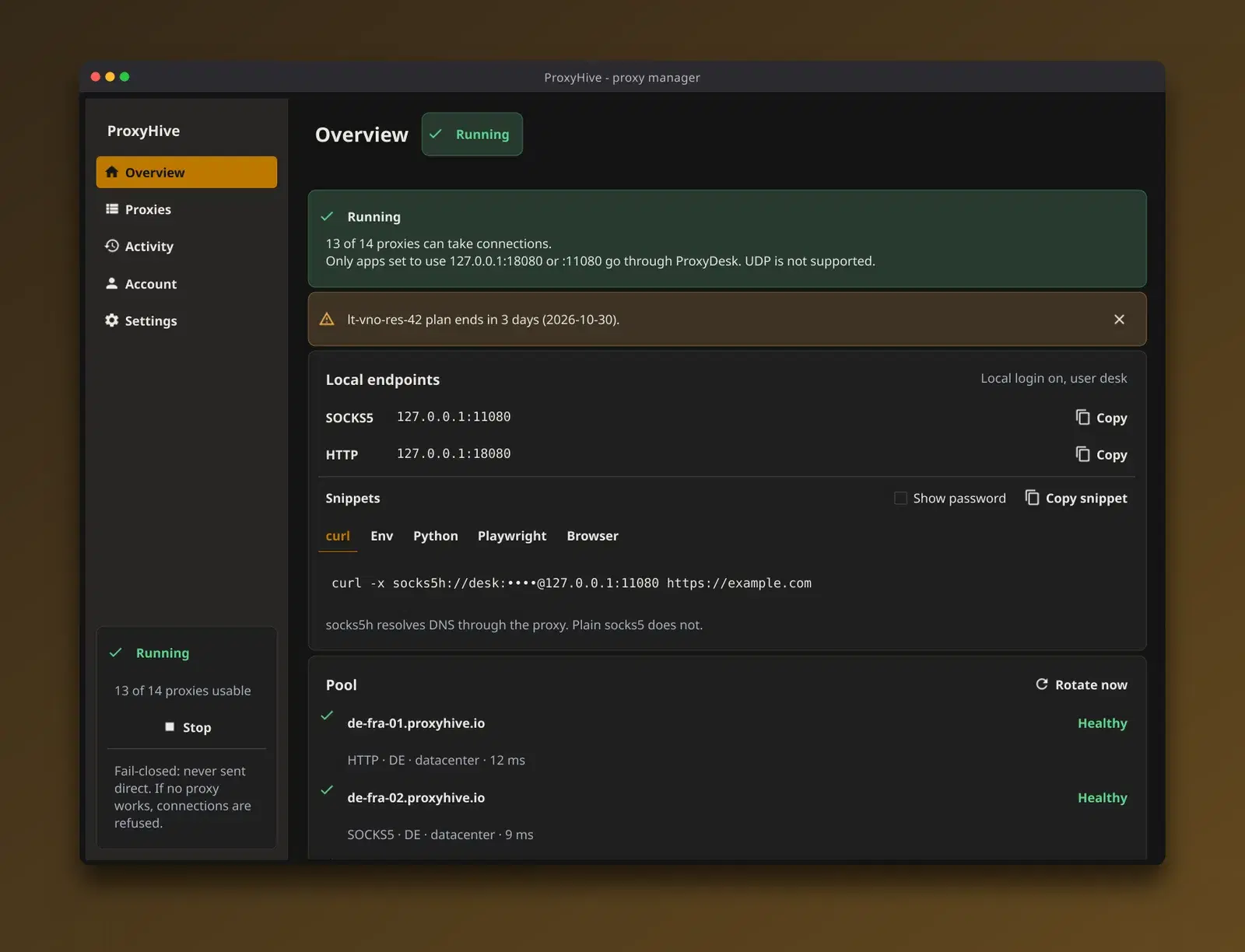 ProxyDesk overview screen in the dark theme, showing the local address and the state of your proxies