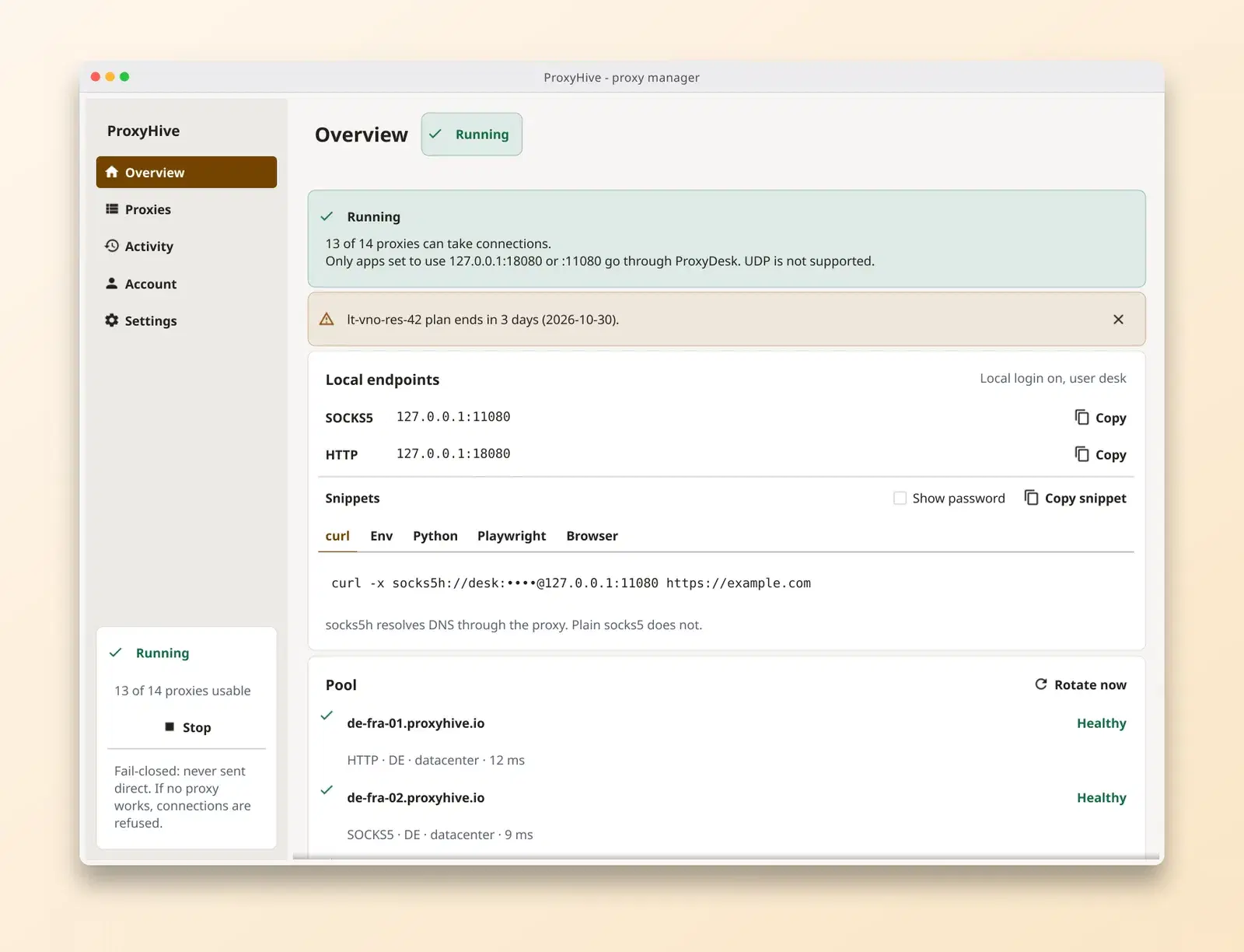 ProxyDesk overview screen in the light theme, showing the local address and the state of your proxies