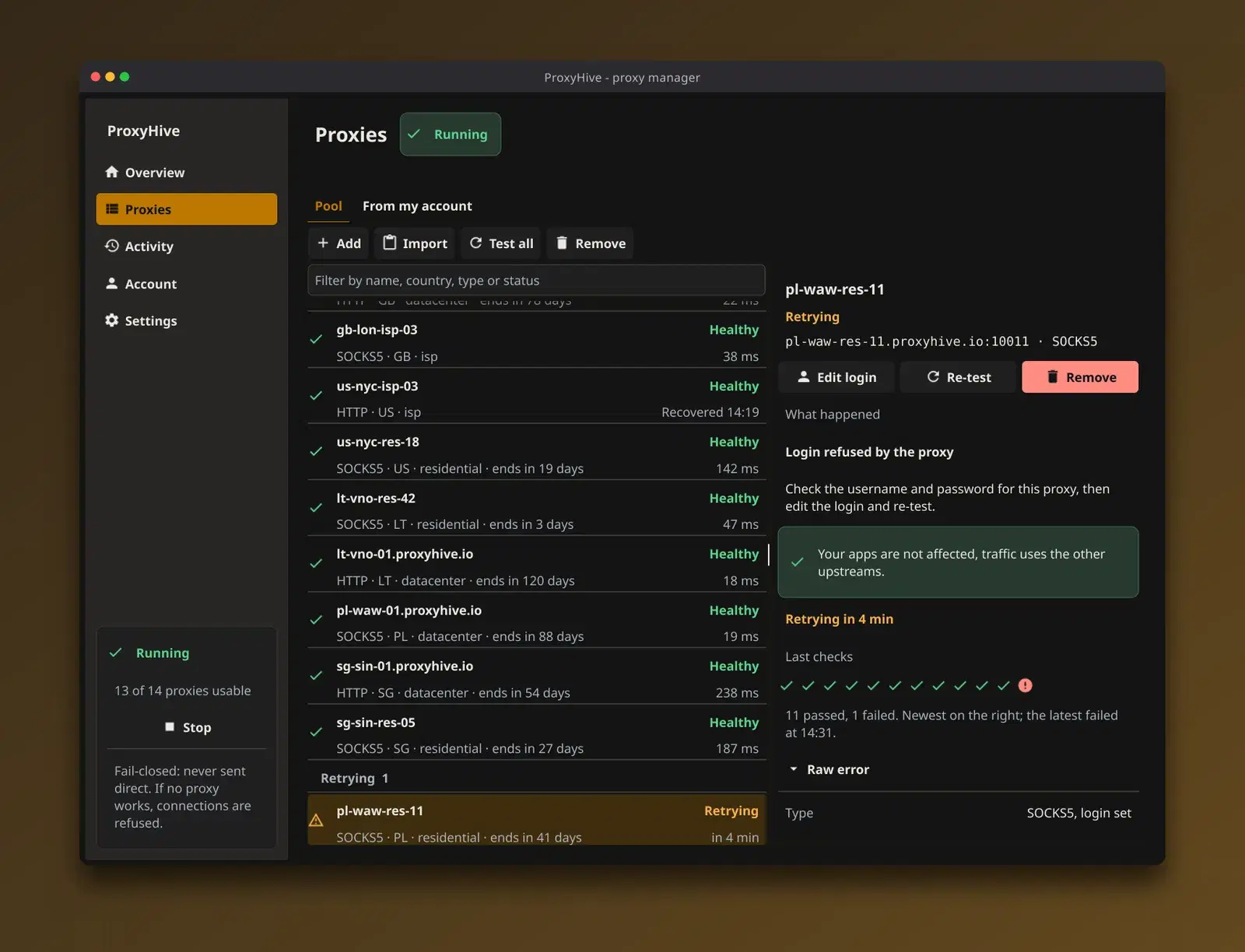 ProxyDesk proxy list in the dark theme, with a health state for each proxy