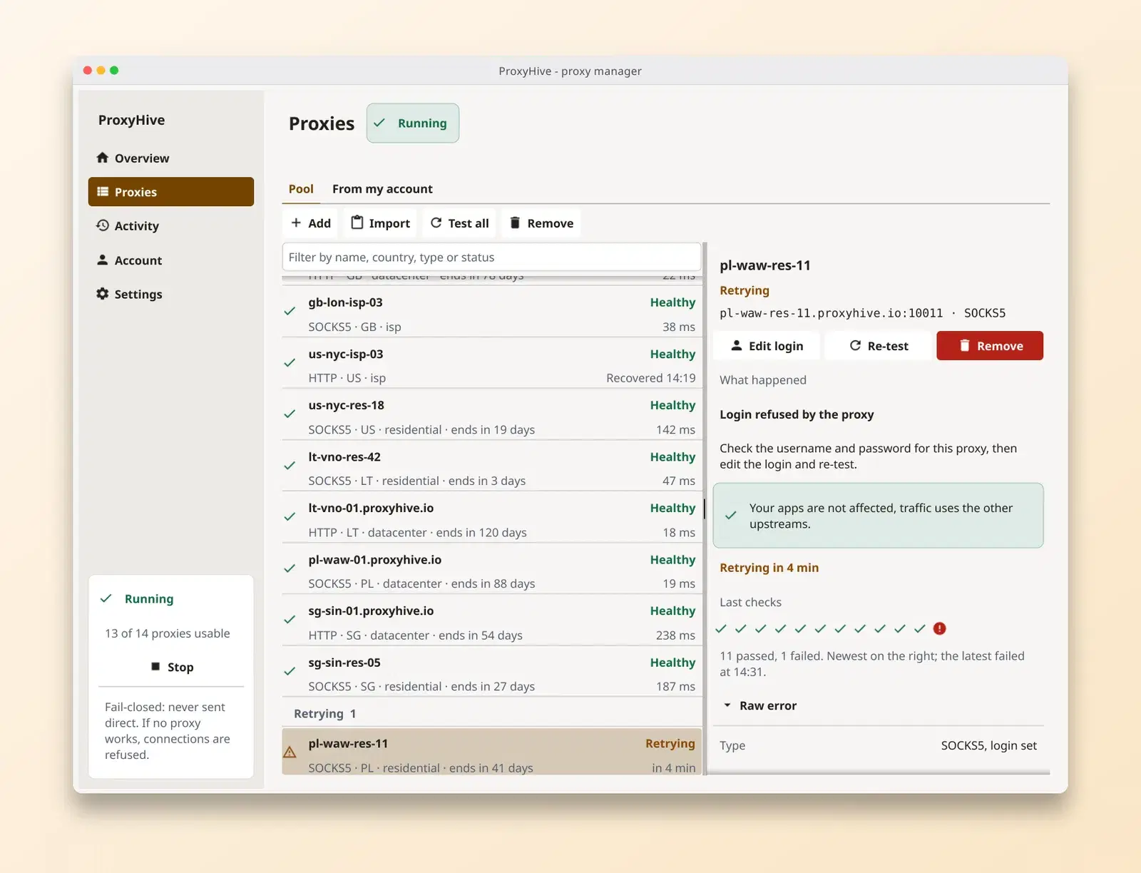 ProxyDesk proxy list in the light theme, with a health state for each proxy